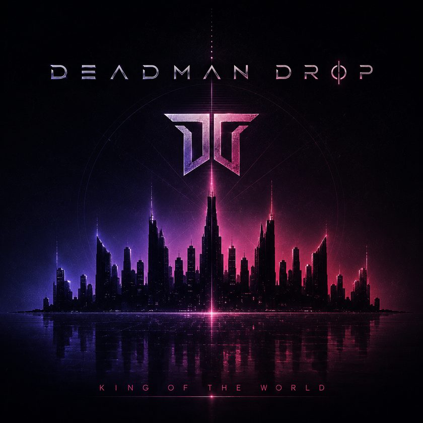King of the World album cover — the chrome Deadman Drop monogram above a neon city skyline