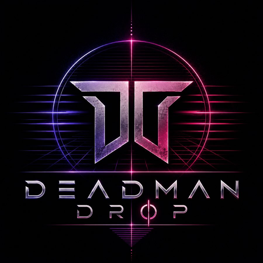 Deadman Drop logo — chrome DD monogram over a neon laser grid